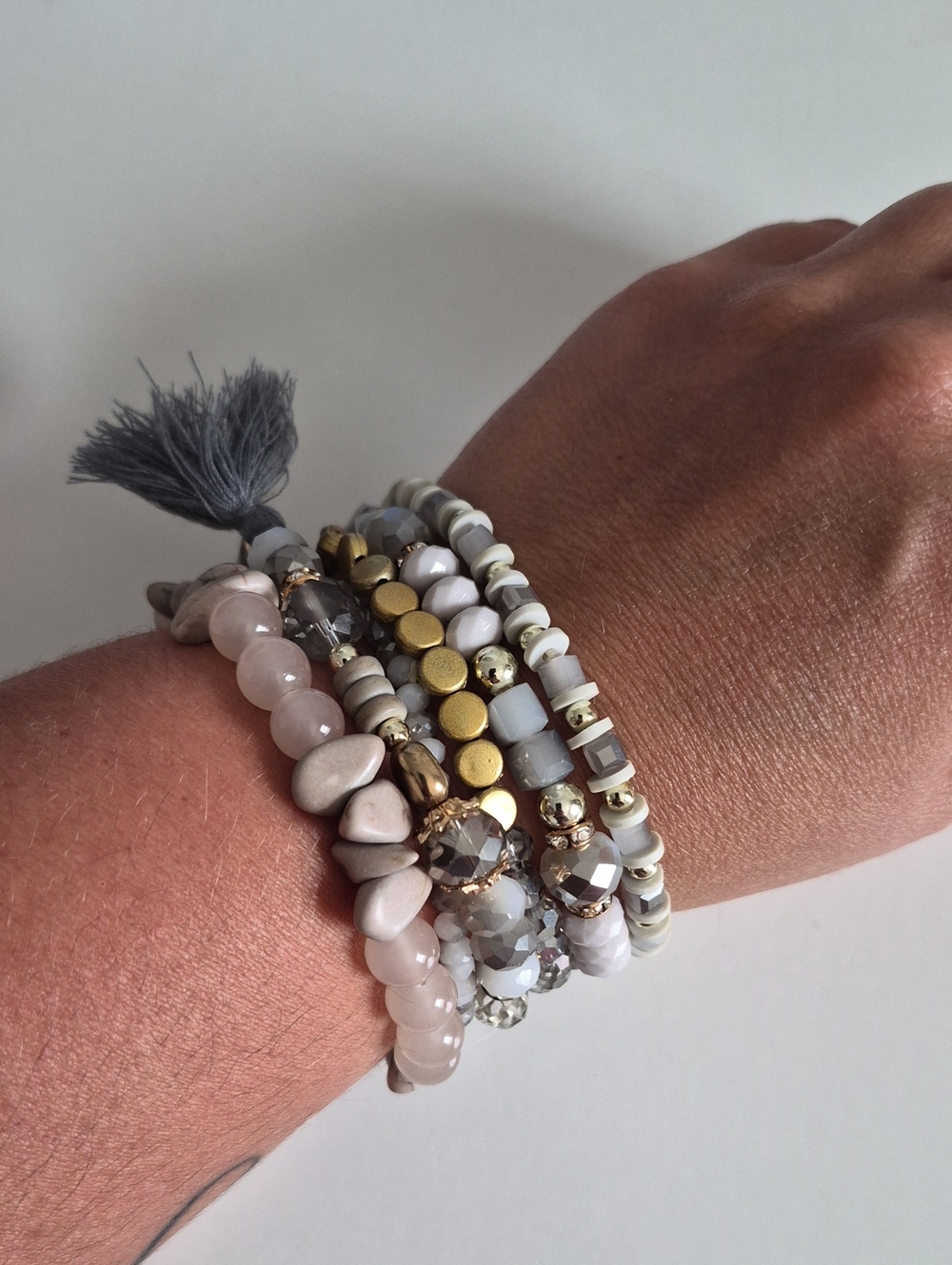 Stacked Beaded Stretch Bracelet Set - Gray & Gold